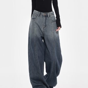 Winter Blue Fleece Wide-Leg Jeans for Women with Gradient Design - Loose Floor-Length Y2K Style Pants