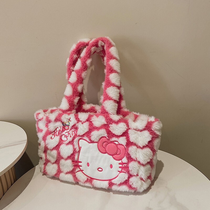 Winter Fluffy Cat Plush Tote Bag for Women, Cute Hello Kitty Commuter Shoulder Bag, Adorable Kawaii Style