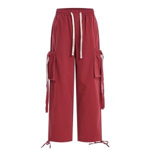 Women’s American Red Cargo Pants - Kpop High Street Wide Leg Jazz Dance Outfit for Hot Girl Style
