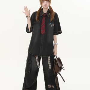 Women's American Retro Cartoon Printed Denim Shirt - Loose Casual Versatile Top for Autumn, Y2K Style