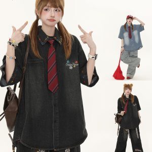 Women's American Retro Cartoon Printed Denim Shirt - Loose Casual Versatile Top for Autumn, Y2K Style
