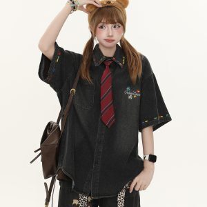 Women's American Retro Cartoon Printed Denim Shirt - Loose Casual Versatile Top for Autumn, Y2K Style