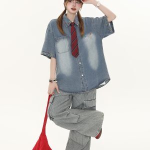 Women's American Retro Cartoon Printed Denim Shirt - Loose Casual Versatile Top for Autumn, Y2K Style