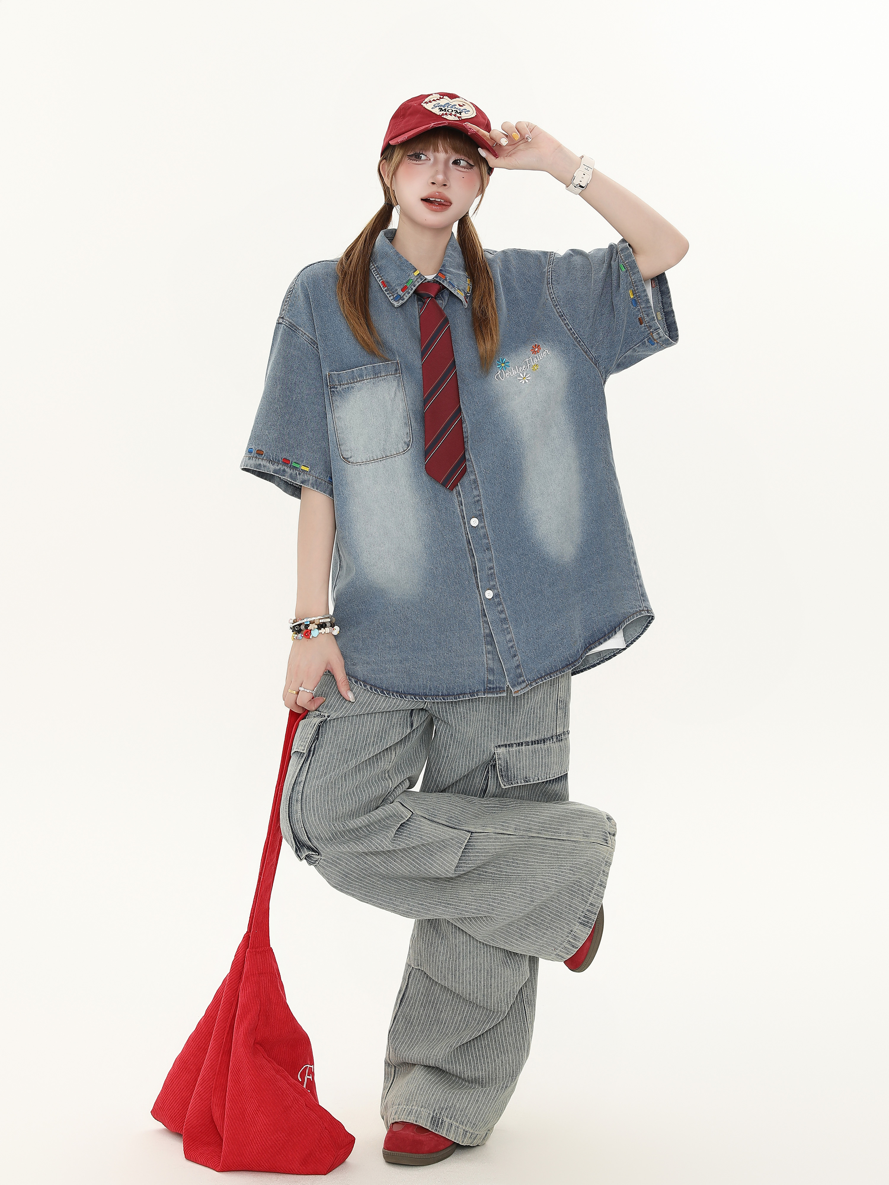 Women's American Retro Cartoon Printed Denim Shirt - Loose Casual Versatile Top for Autumn, Y2K Style