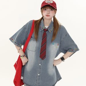 Women's American Retro Cartoon Printed Denim Shirt - Loose Casual Versatile Top for Autumn, Y2K Style