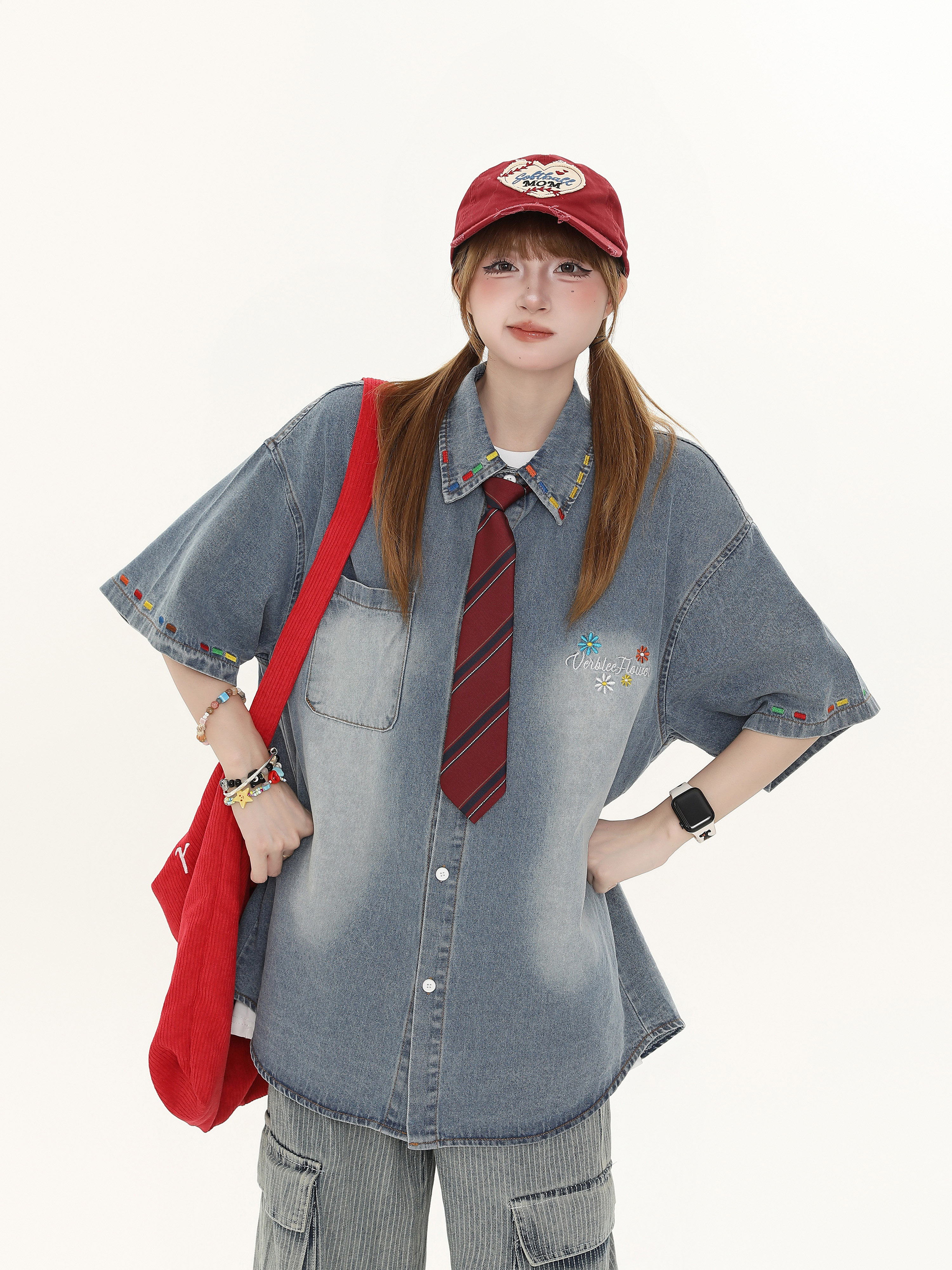 Women's American Retro Cartoon Printed Denim Shirt - Loose Casual Versatile Top for Autumn, Y2K Style