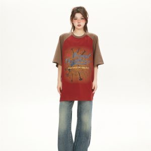 Women’s American Retro Color-Blocking Hip-Hop Raglan T-Shirt - Spliced Loose Fit Short Sleeve Summer Top