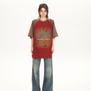Women’s American Retro Color-Blocking Hip-Hop Raglan T-Shirt - Spliced Loose Fit Short Sleeve Summer Top