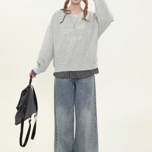 Women's American Retro Plaid Patchwork Faux Two-Piece Sweatshirt, Loose Off-Shoulder Long Sleeve Top, Casual Y2K Style