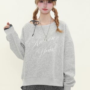 Women's American Retro Plaid Patchwork Faux Two-Piece Sweatshirt, Loose Off-Shoulder Long Sleeve Top, Casual Y2K Style