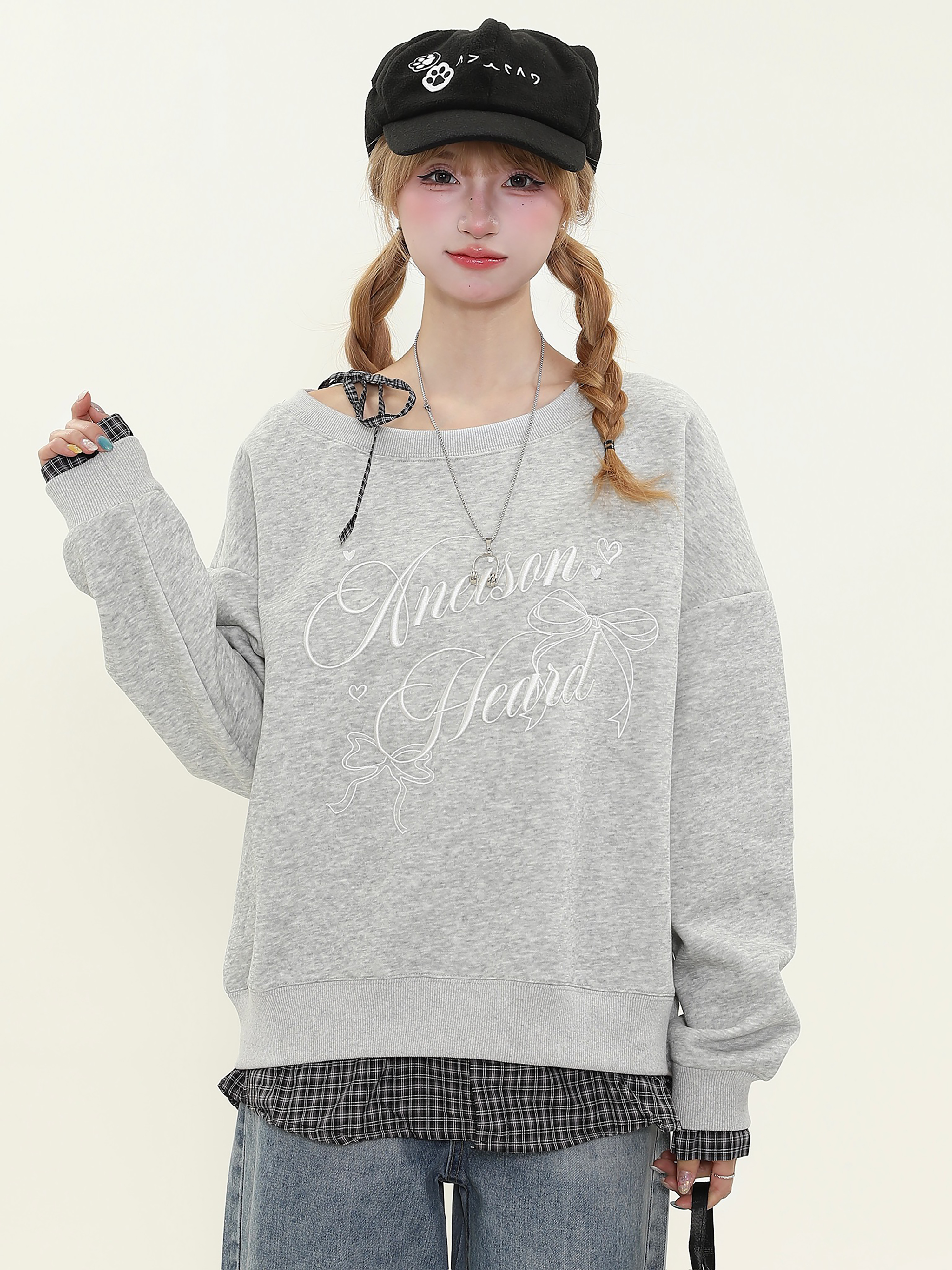 Women's American Retro Plaid Patchwork Faux Two-Piece Sweatshirt, Loose Off-Shoulder Long Sleeve Top, Casual Y2K Style