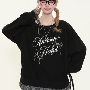Women's American Retro Plaid Patchwork Faux Two-Piece Sweatshirt, Loose Off-Shoulder Long Sleeve Top, Casual Y2K Style