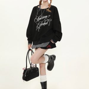 Women's American Retro Plaid Patchwork Faux Two-Piece Sweatshirt, Loose Off-Shoulder Long Sleeve Top, Casual Y2K Style