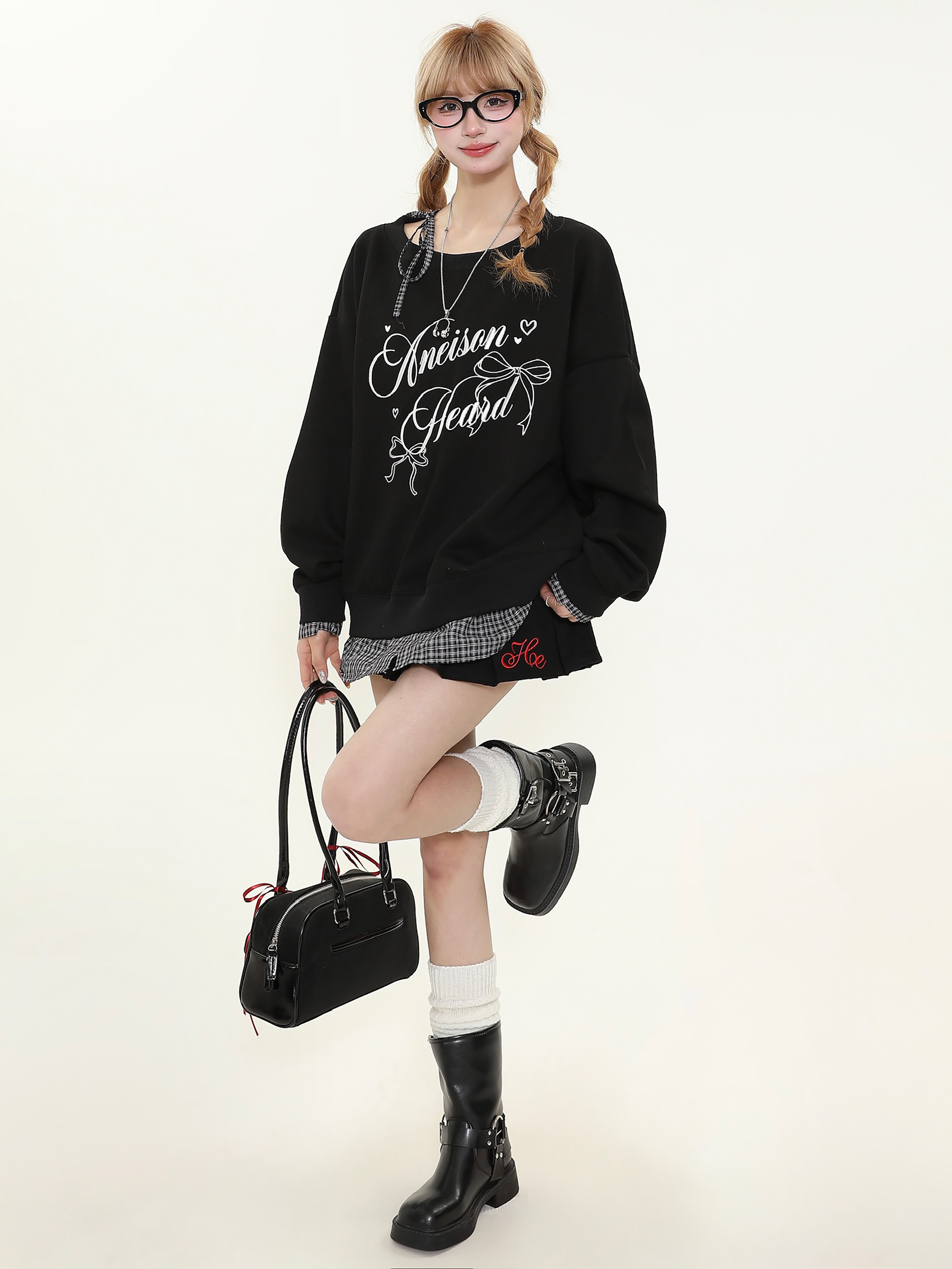 Women's American Retro Plaid Patchwork Faux Two-Piece Sweatshirt, Loose Off-Shoulder Long Sleeve Top, Casual Y2K Style