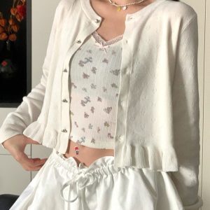 Women’s American Retro Ruffled Lace Knitted Cardigan - Loose Casual Long Sleeve Round Neck Top for Spring Fashion
