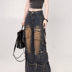 Women's American Retro Tie-Dye Multi-Pocket Denim Pants - Washed Distressed Straight Loose Work Trousers, Trendy 90s Style