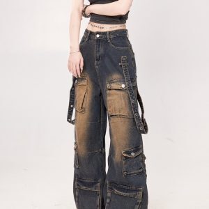 Women's American Retro Tie-Dye Multi-Pocket Denim Pants - Washed Distressed Straight Loose Work Trousers, Trendy 90s Style