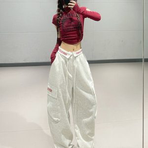 Women's American Retro Wine Red Cuffed Cargo Pants - Jazz Dance Straight Leg Trousers, Y2K Style Streetwear