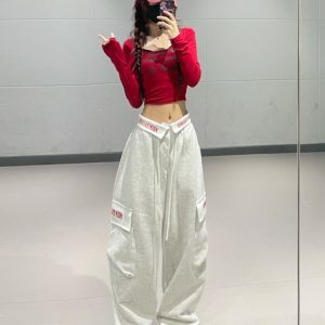 Women's American Retro Wine Red Cuffed Cargo Pants - Jazz Dance Straight Leg Trousers, Y2K Style Streetwear