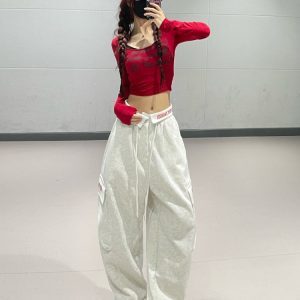 Women's American Retro Wine Red Cuffed Cargo Pants - Jazz Dance Straight Leg Trousers, Y2K Style Streetwear