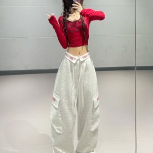 Women's American Retro Wine Red Cuffed Cargo Pants - Jazz Dance Straight Leg Trousers, Y2K Style Streetwear