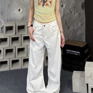 Women's American-Style White Patchwork Denim Overalls - Summer Loose Wide-Leg Straight-Leg Curved Pants