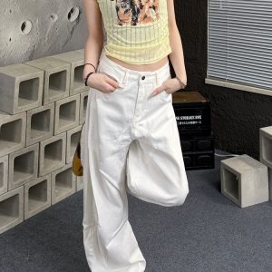 Women's American-Style White Patchwork Denim Overalls - Summer Loose Wide-Leg Straight-Leg Curved Pants