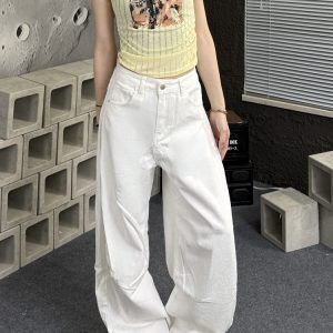 Women's American-Style White Patchwork Denim Overalls - Summer Loose Wide-Leg Straight-Leg Curved Pants