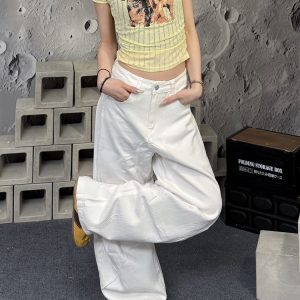 Women's American-Style White Patchwork Denim Overalls - Summer Loose Wide-Leg Straight-Leg Curved Pants