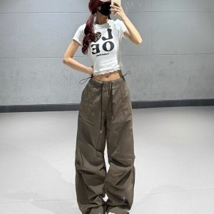 Women's American Vintage Brown Work Pants - Summer Thin Jazz Dance Loose Straight Wide-Leg Trousers for a Retro 90s Look