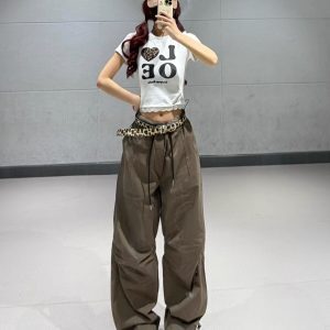 Women's American Vintage Brown Work Pants - Summer Thin Jazz Dance Loose Straight Wide-Leg Trousers for a Retro 90s Look