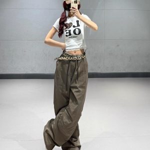 Women's American Vintage Brown Work Pants - Summer Thin Jazz Dance Loose Straight Wide-Leg Trousers for a Retro 90s Look