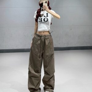 Women's American Vintage Brown Work Pants - Summer Thin Jazz Dance Loose Straight Wide-Leg Trousers for a Retro 90s Look