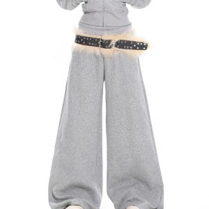 Women's American Vintage Casual Sports Pants - Thickened Gray Loose Draped Wide-Leg Sweatpants for Autumn Winter Style