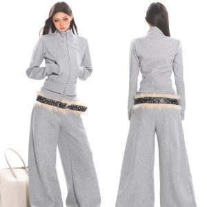 Women's American Vintage Casual Sports Pants - Thickened Gray Loose Draped Wide-Leg Sweatpants for Autumn Winter Style
