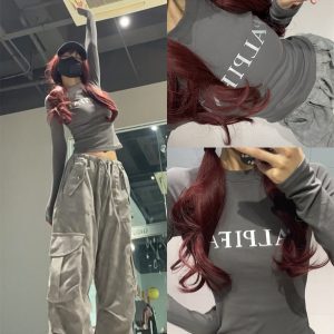 Women's American Vintage Dark Gray Camouflage Cargo Pants - Hip Hop Dance Style, Long Fit for Autumn Fashion
