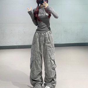 Women's American Vintage Dark Gray Camouflage Cargo Pants - Hip Hop Dance Style, Long Fit for Autumn Fashion