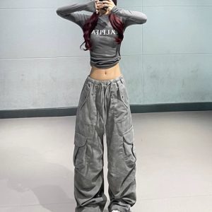 Women's American Vintage Dark Gray Camouflage Cargo Pants - Hip Hop Dance Style, Long Fit for Autumn Fashion