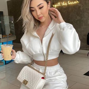 Women's Autumn Solid Color Drawstring Hooded Sweatshirt - Trendy Short High-Waisted Long Sleeve Cardigan