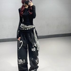 Women's Autumn Winter Black Graffiti Printed Straight-Leg Sports Pants Jazz Dance Outfit Casual Work Pants