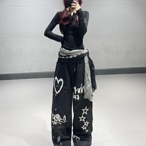 Women's Autumn Winter Black Graffiti Printed Straight-Leg Sports Pants Jazz Dance Outfit Casual Work Pants