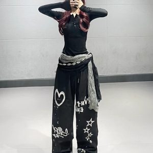 Women's Autumn Winter Black Graffiti Printed Straight-Leg Sports Pants Jazz Dance Outfit Casual Work Pants