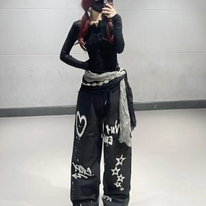 Women's Autumn Winter Black Graffiti Printed Straight-Leg Sports Pants Jazz Dance Outfit Casual Work Pants
