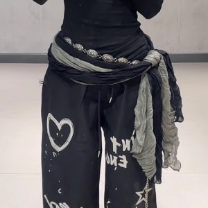 Women's Autumn Winter Black Graffiti Printed Straight-Leg Sports Pants Jazz Dance Outfit Casual Work Pants