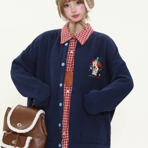 Women's Autumn Winter Fleece Hoodie with Cute Dog Embroidery and Plaid Spliced Design - Thick Two-Piece Look Jacket