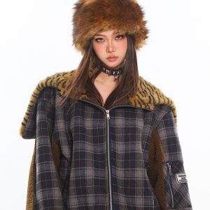 Women's Autumn Winter Navy Collar Fur Spliced Cotton Coat with American Plaid Leopard Print - Stylish Layering Jacket
