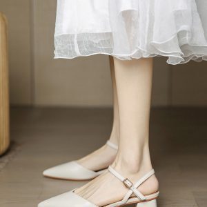 Women's Backless Chunky Heels Sandals, Minimalist One-Strap Buckle, Off-White, Summer 2025 Style for Dresses