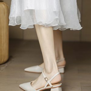 Women's Backless Chunky Heels Sandals, Minimalist One-Strap Buckle, Off-White, Summer 2025 Style for Dresses