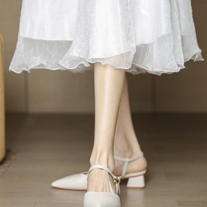 Women's Backless Chunky Heels Sandals, Minimalist One-Strap Buckle, Off-White, Summer 2025 Style for Dresses