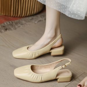 Women's Backless Flat Sandals with Low Heel, Comfortable Soft Leather One-Strap Buckle, French Style Summer Footwear